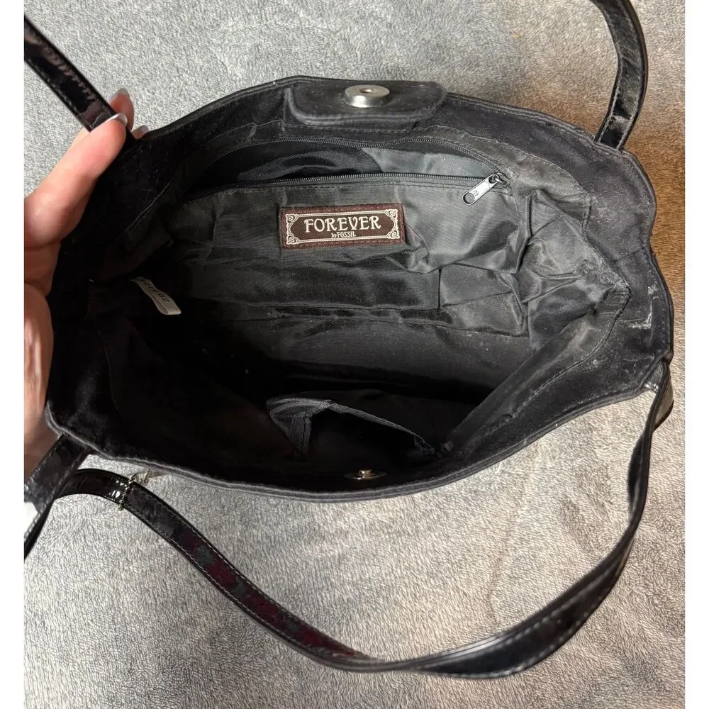 Forever by Fossil Black Satin Beauty Parlor Applique Shoulder Bag Vintage Purse